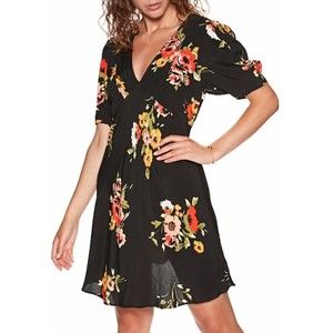 Free People Neon Garden Mini Dress Black Multi Floral Women Sz 0 New V-Neck